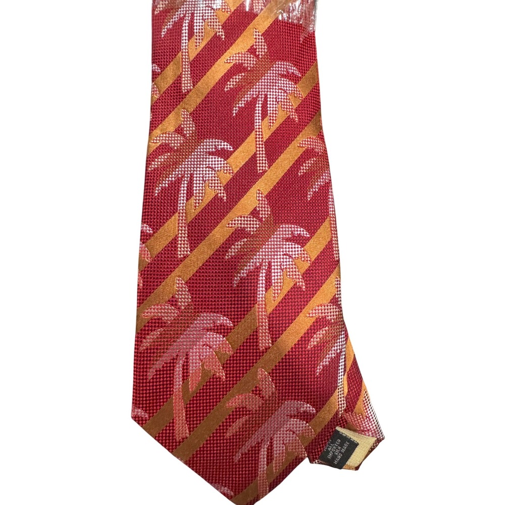 Tommy Bahama Mens Silk Palm‎ Tree Striped Necktie Red Gold Island Style